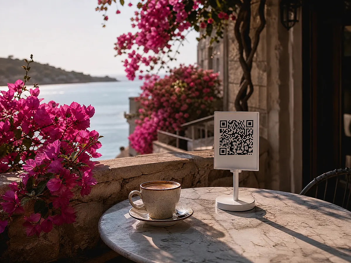 Kafe masasında kahve fincanının yanında QR standı