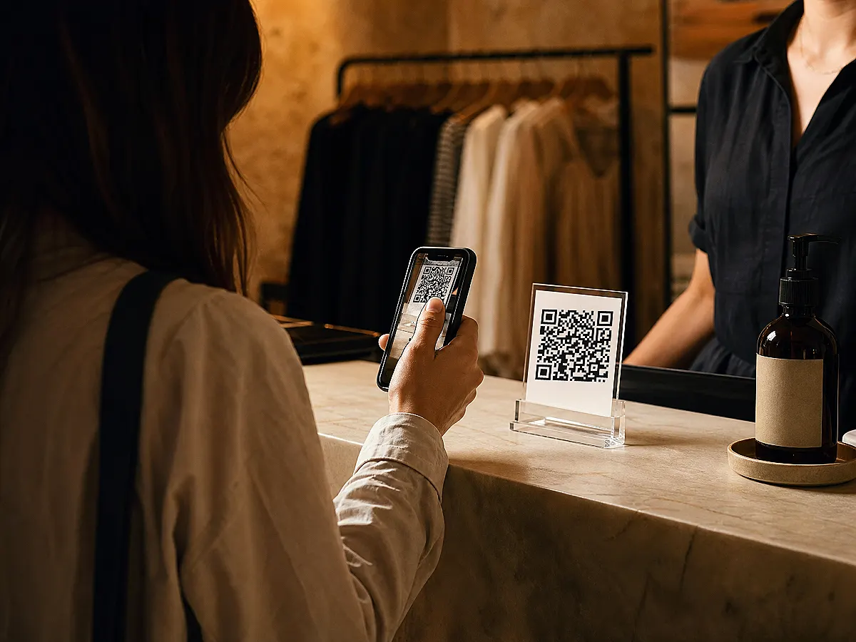Müşteri kasadaki QR standını telefonuyla okutuyor