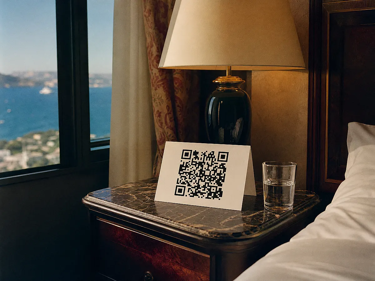 Otel odasında komodinin üstünde QR'lı masa kartı